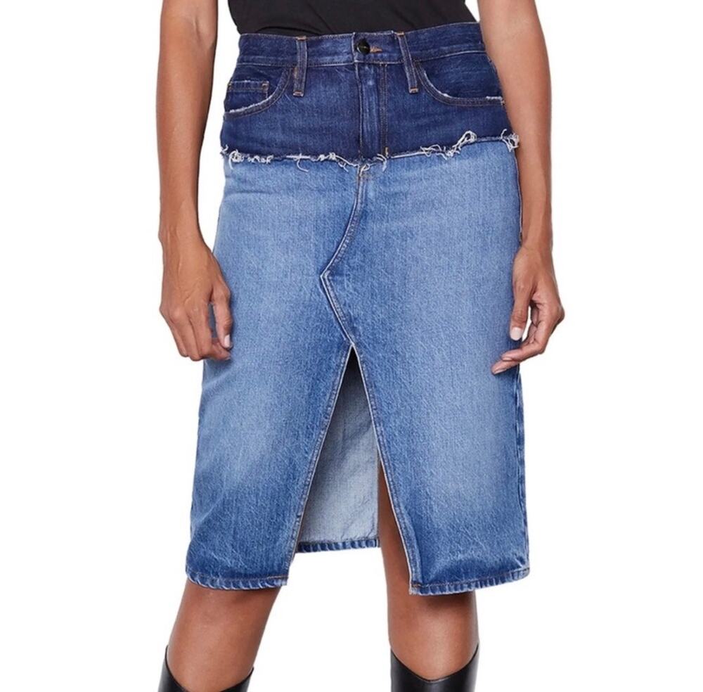 FRAME Reconstructed Ombre Denim Midi Skirt Indigo 27 Blue Two Tone Front Slit